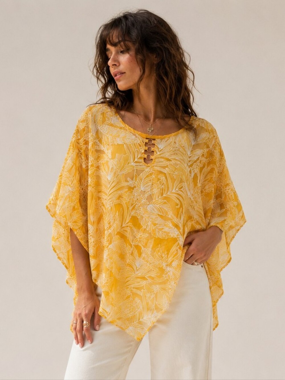 Notations Yellow Tropical Print Sheer Poncho Blouse Size Small